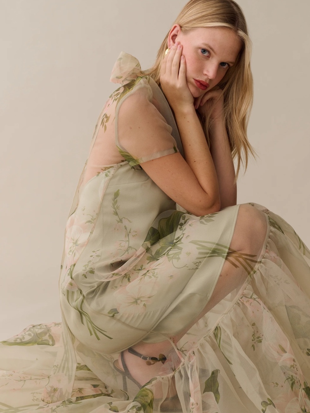 CAARA Melody Dress - Mint Blossom Sage Green Floral Gown - Picture 6 of 6